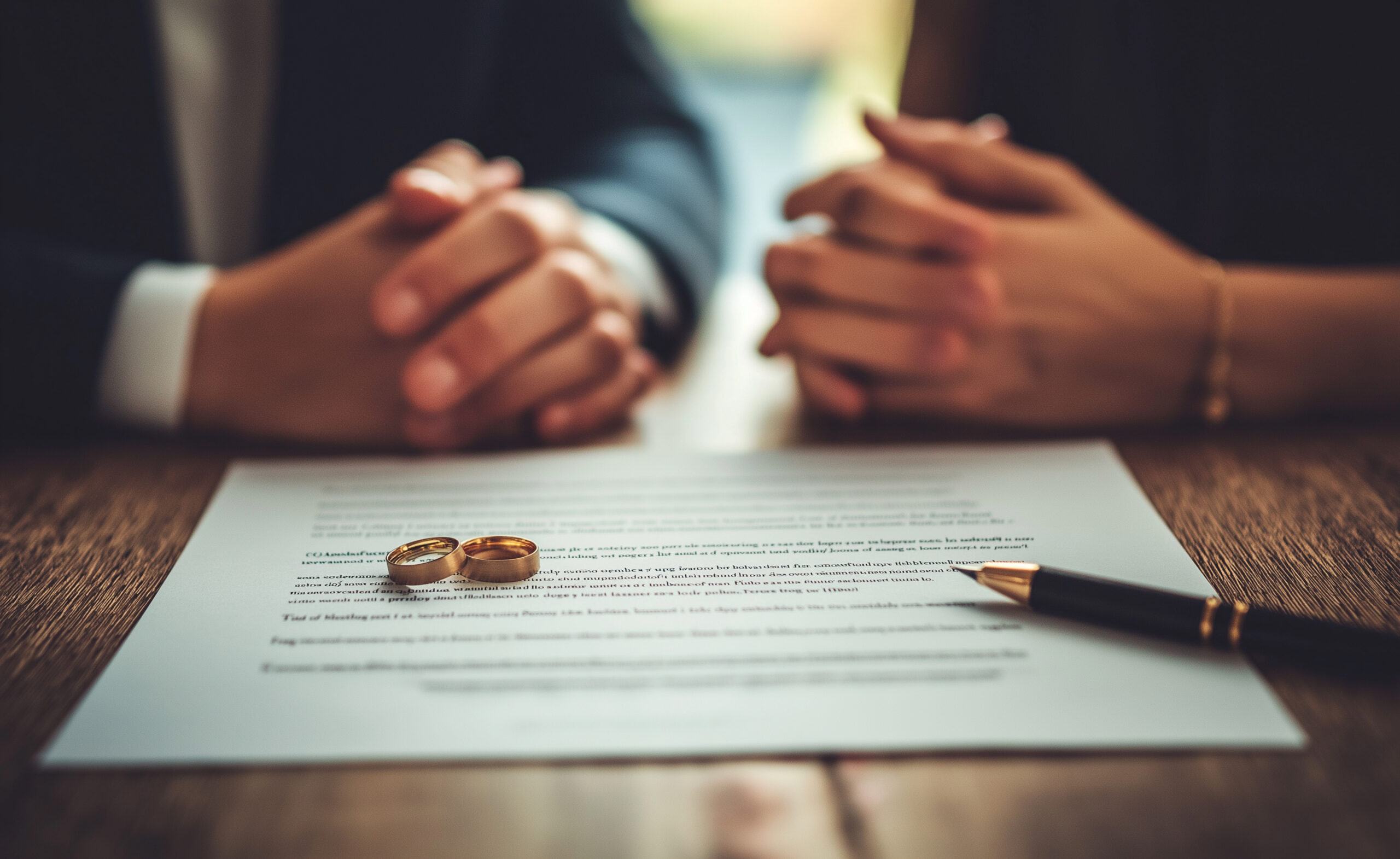 A couple with wedding rings signing divorce papers, representing separation, legal processes, and emotional complexity. Procédure de divorce - avocat en droit de la famille à Dijon
